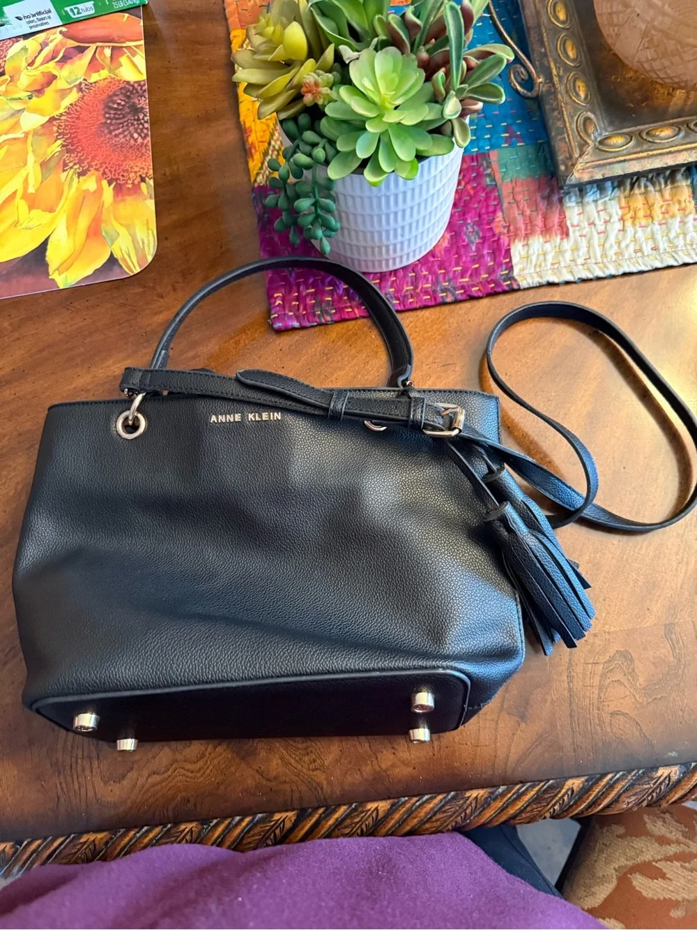 Anne Klein Black Pebbled Leather Shoulder Tote with Tassel
